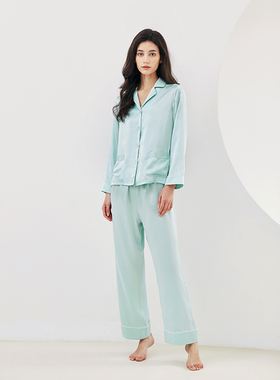 2026秋季新款蓝绿色基本款LP真丝睡衣女桑蚕丝正16姆米家居服套装