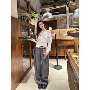 阔腿裤 WANNANKE 复古撞色条纹腰带弯刀西裤 美式 城市假日