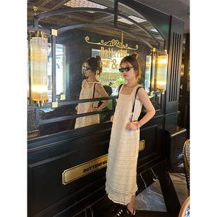 WANNANKE 荷叶边缕空吊带连衣裙女夏季新款宽松方领蛋糕背心裙