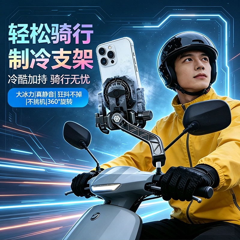 新款防水半导体制冷散热手机支架外卖快递骑行车载导航制冷支架