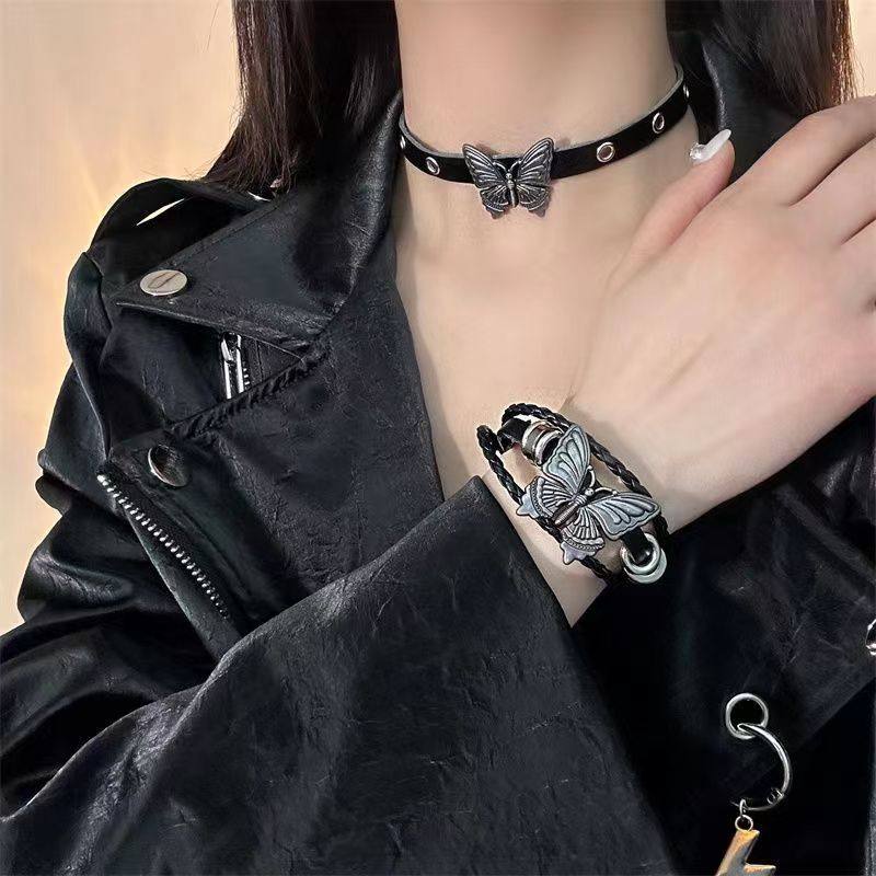 Y2K 청동 나비 가죽 목걸이 CHOCKER HOT GIRL SUBCULTURE 밀레니얼 레트로 틈새 MAILLARD 유럽과 미국의 트렌드