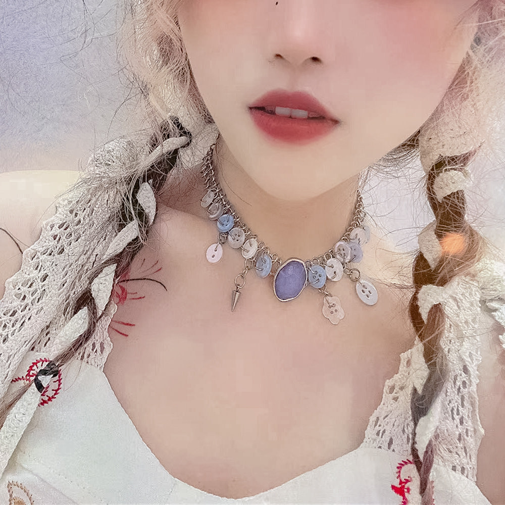 Y2K 쿨 사파이어 버튼 목걸이 초커 핫 소녀 하위 문화 밀레니엄 틈새 디자인 도파민 액세서리