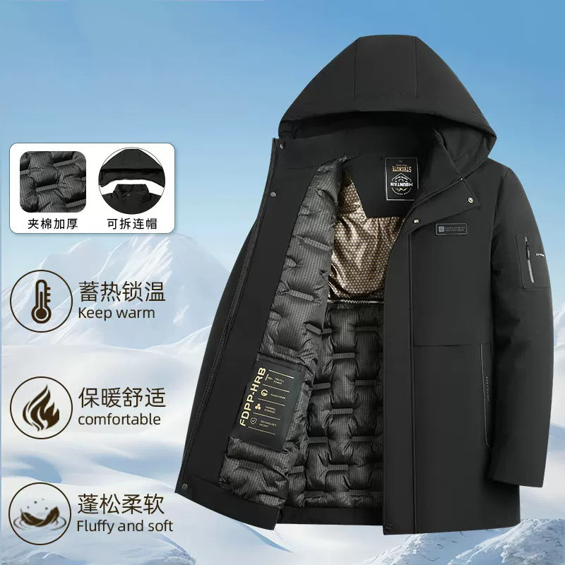中老年男士连帽加厚棉衣冬季保暖爸爸装黑色户外棉服外套