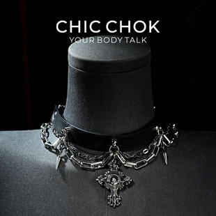 CHICCHOK窒息骷髅头项圈真皮颈圈项链黑银尖钉十字架吊坠拉扯原创