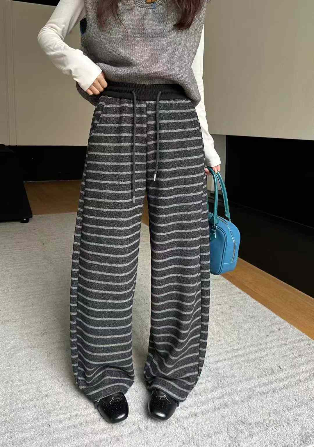 9217 欧货正品冬季加绒条纹羊绒裤女韩版休闲宽松百搭显瘦阔腿裤