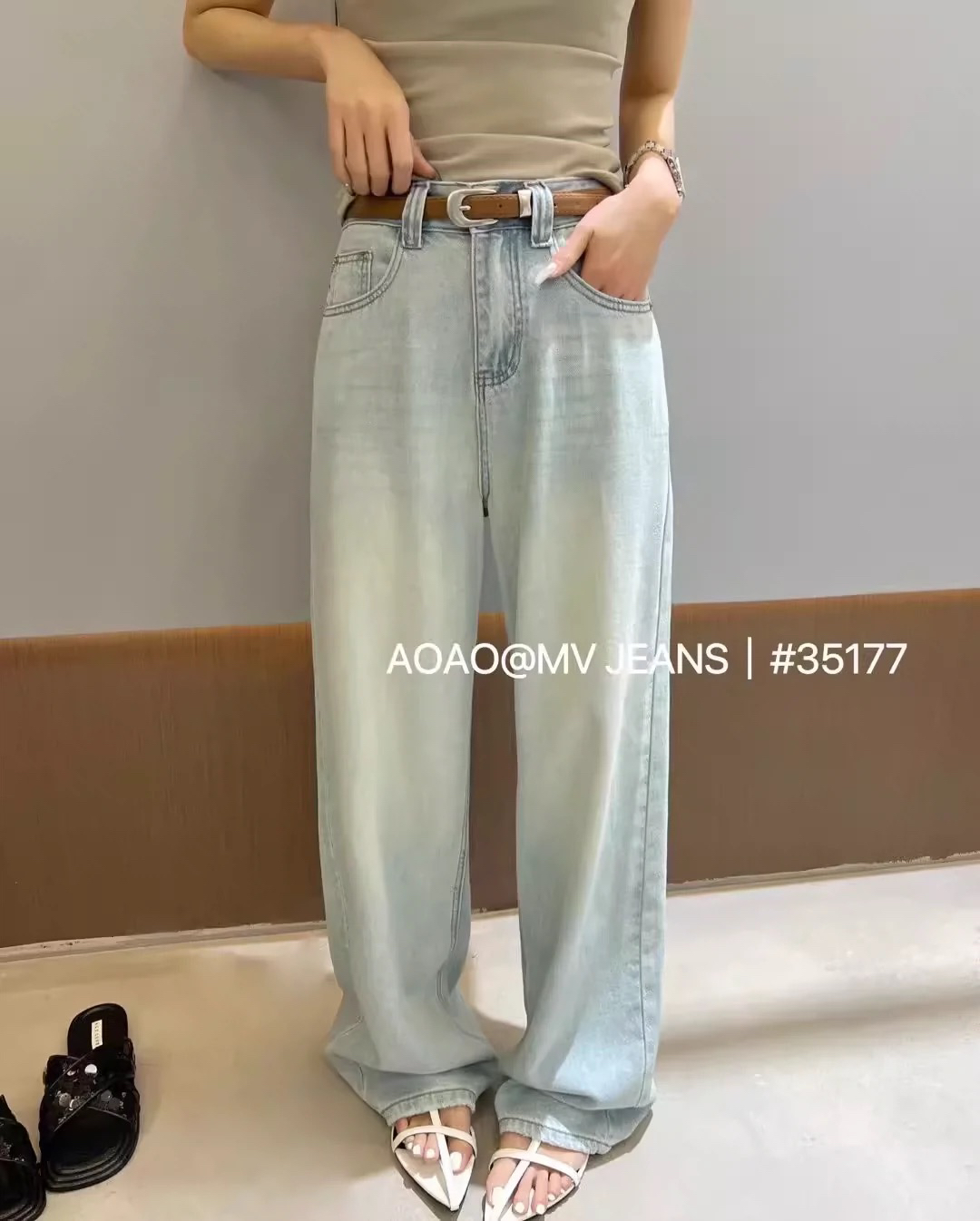 JEANS35177-33高腰绿色定标显瘦直筒复古浅蓝百搭牛仔裤女MV.AOAO