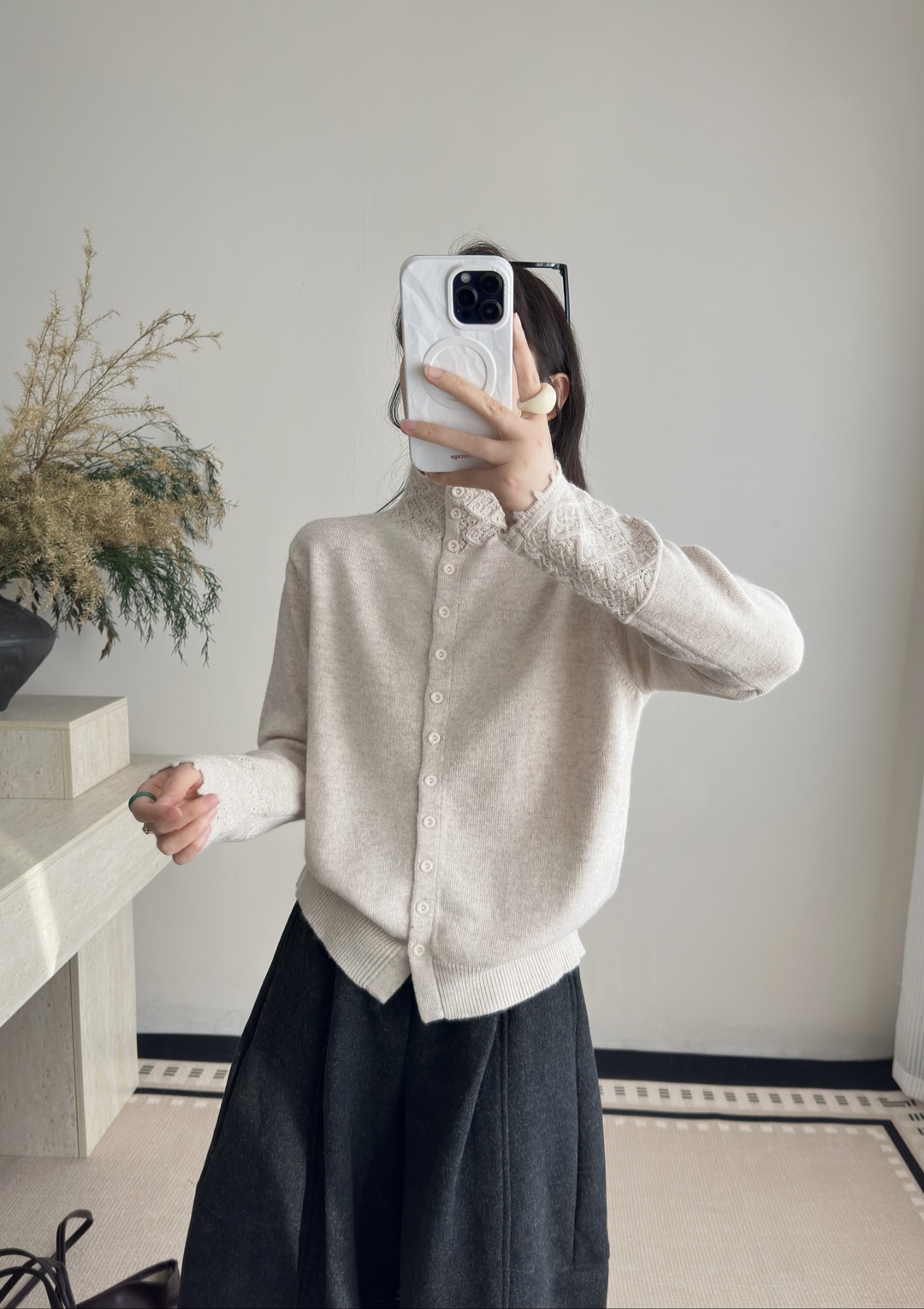 9505冬新款韩版宽松显瘦钩花蕾丝半高领羊毛针织衫女毛衣打底上衣