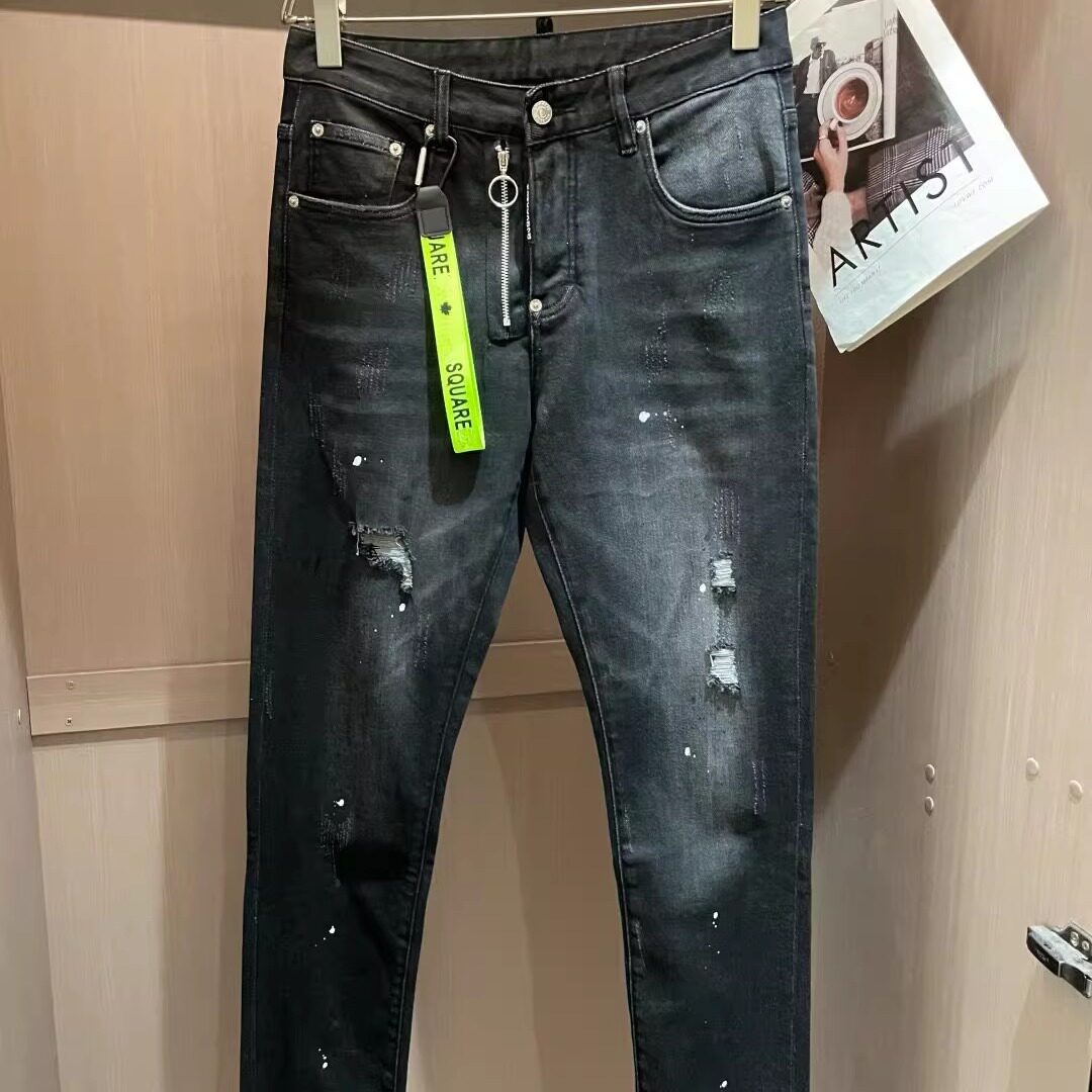 谷聆 四季欧货新品灰黑色修身牛仔裤潮流破洞男裤小脚美式牛仔裤