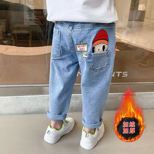 子宽松小宝宝老爹长裤 秋冬一体绒儿童裤 子帅 加绒新款 男女童牛仔裤