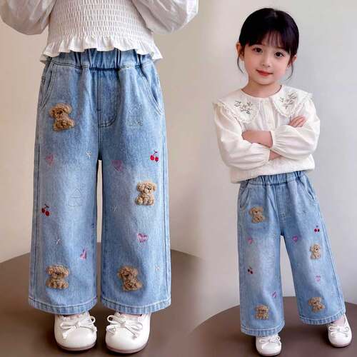 女童刺绣直筒牛仔裤2026新款