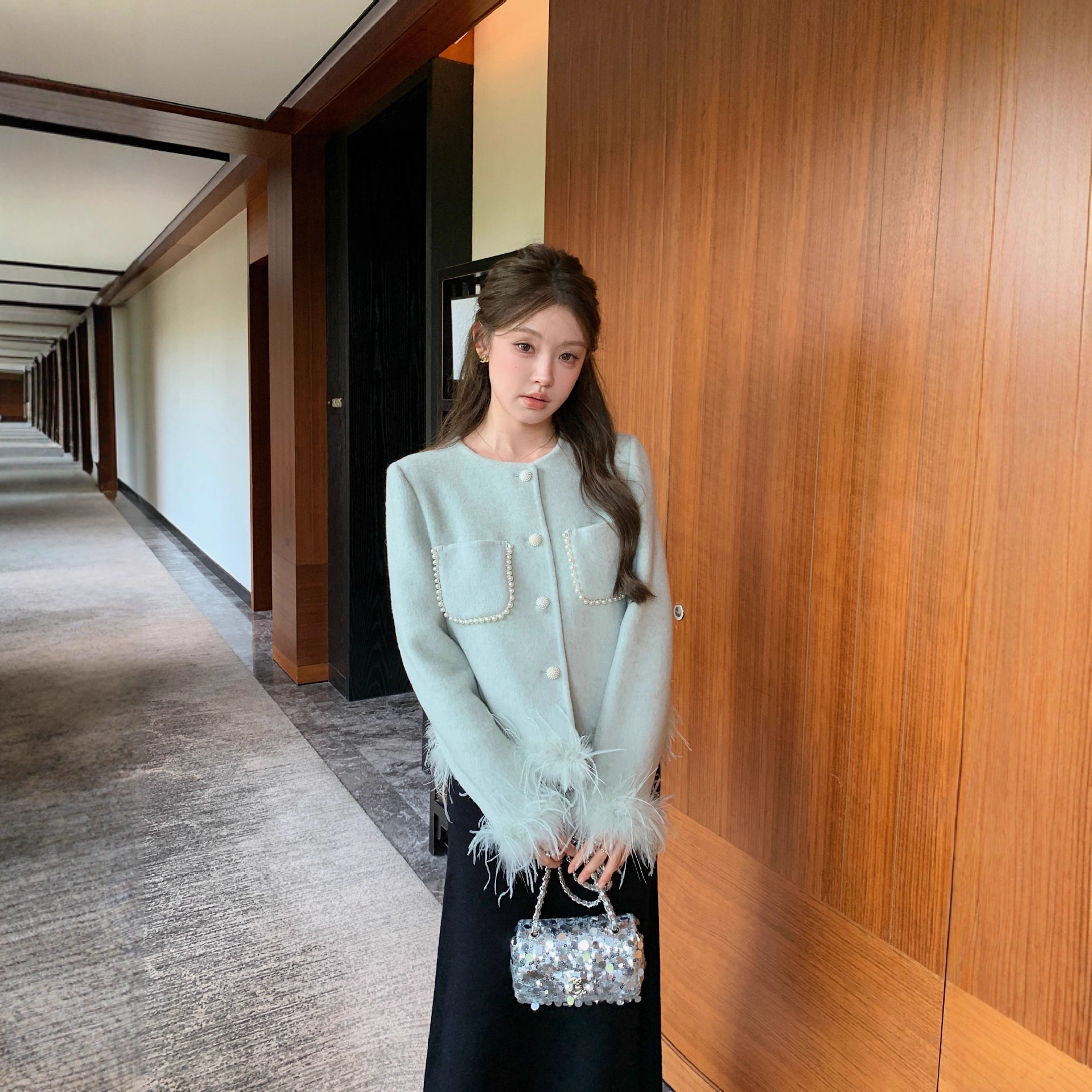 2025秋冬高端气质毛袖小香风双面羊毛呢大衣女短款羊绒外套加厚潮