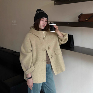 2025秋冬新款休闲牛角扣连帽双面羊毛呢大衣女短款加厚羊绒外套潮