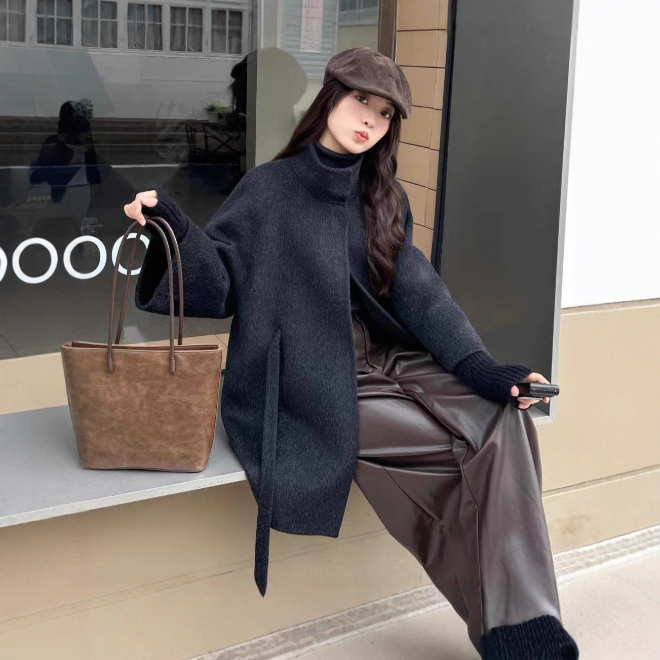 针织袖设计感慵懒风秋冬双面羊毛大衣中长款加厚保暖立领毛呢外套