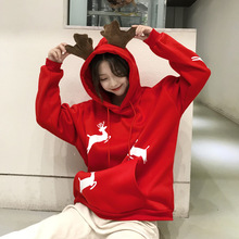 加绒卫衣女 2019红色连帽卫衣圣诞麋鹿连帽学生外套女冬季 欧美爆款