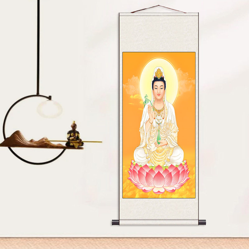 白衣观音画像保平安佛堂供奉挂画观世音菩萨佛像挂画丝绸画卷轴画