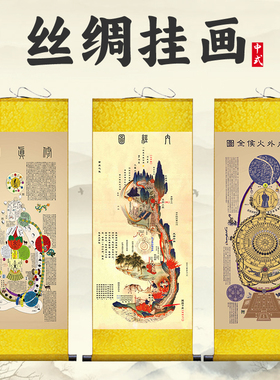 黄帝内经修真火候图超清书房玄关挂画客厅装饰字画道家卷轴丝绸画