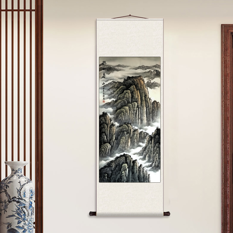 稳如泰山 丝绸卷轴装饰挂画风景画办公室卷轴画玄关背后有靠山图