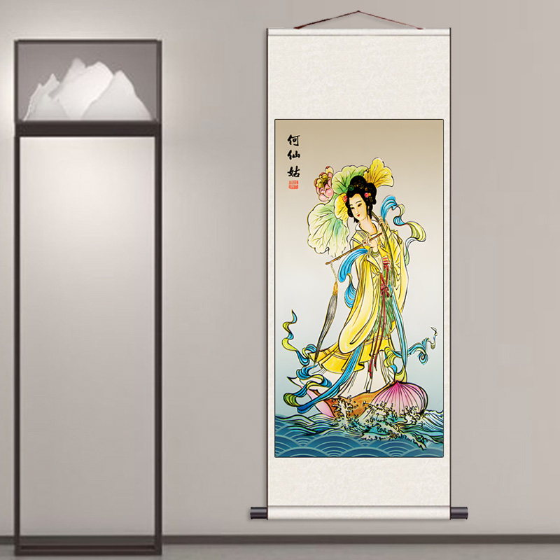 何仙姑画像 八仙过海神仙丝绸画卷轴挂画 神话人物绢布装饰画定制