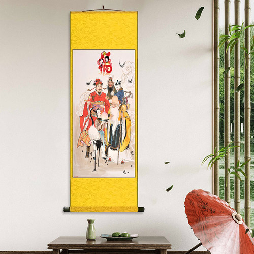 福禄寿 丝绸卷轴装饰挂画福禄寿喜卷轴挂画新中式客厅玄关背景