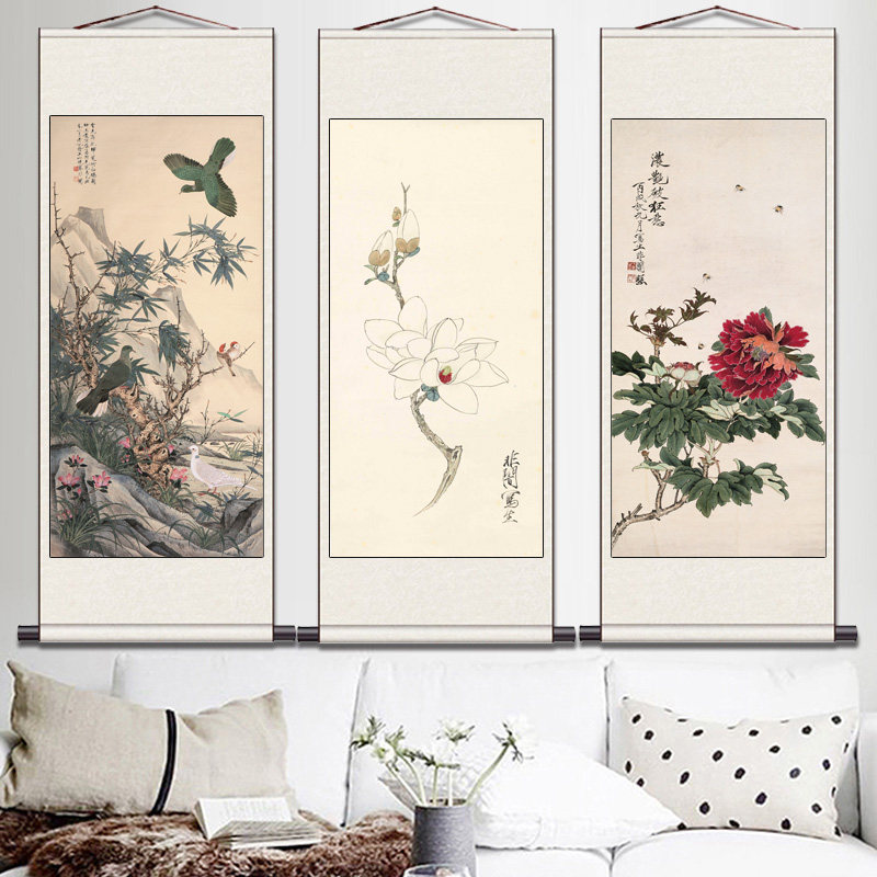 明代国画牡丹玉兰挂画水墨画名家字画茶楼仿古挂画花鸟字画风水画