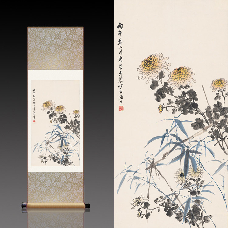 丝绸画菊花国画花鸟画客厅茶室包厢装饰画墙画卷轴挂画丝绸画包邮