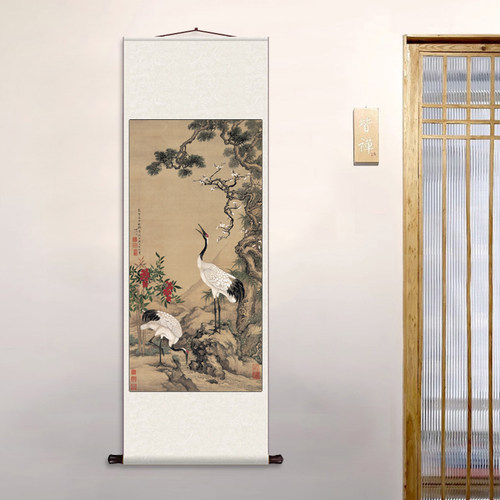 鹤 丝绸卷轴装饰挂画客厅壁画国画卷轴画富贵延年三仙鹤卷轴挂画