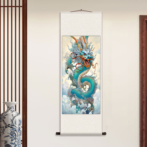 青龙升腾 丝绸卷轴装饰挂画祥龙云海玄关卷轴挂画客厅供奉画像