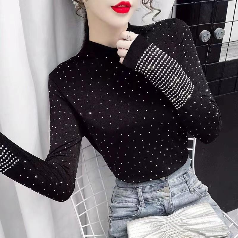 小娅专享打底衫女士烫钻内搭秋冬季磨毛重工满天星半高领修身上衣