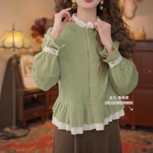 显瘦休闲百搭秋冬设计感上衣女港风复古花边厚款衬衫毛绒感打底