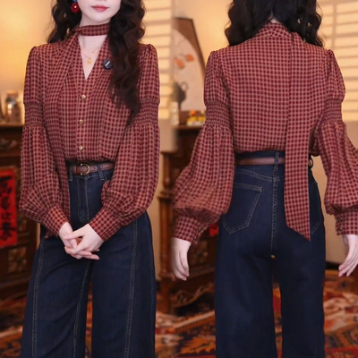 时尚百搭减龄衬衣港风复古格子印花衬衫宽松显瘦上衣