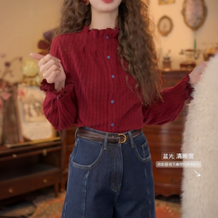 复古气质立领小众衬衫女款2025新款秋冬拼接百搭显瘦长袖上衣