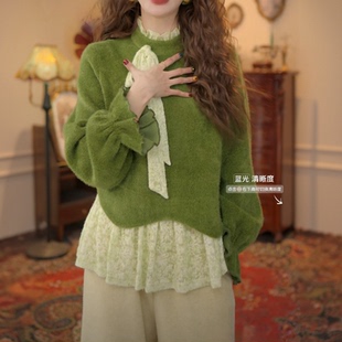 港风复古蕾丝拼接针织宽松百搭上衣复古港风长袖百搭宽松上衣衬衫