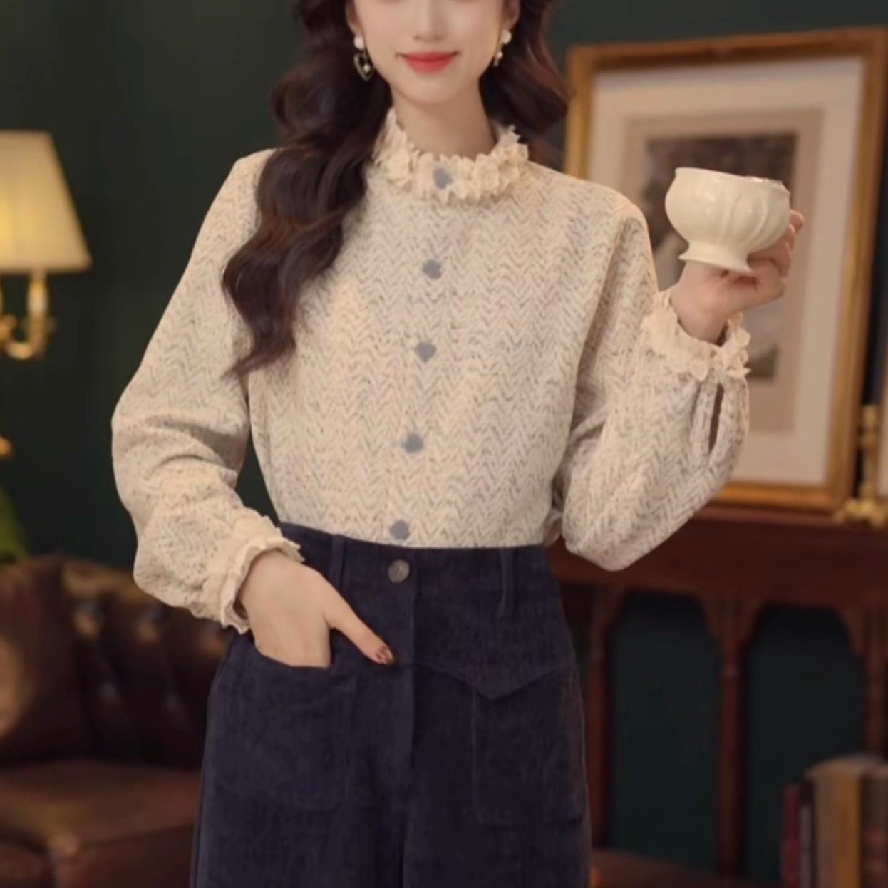 秋冬复古港风秋冬厚款休闲百搭衬衫上衣蕾丝立领蕾丝花边拼接