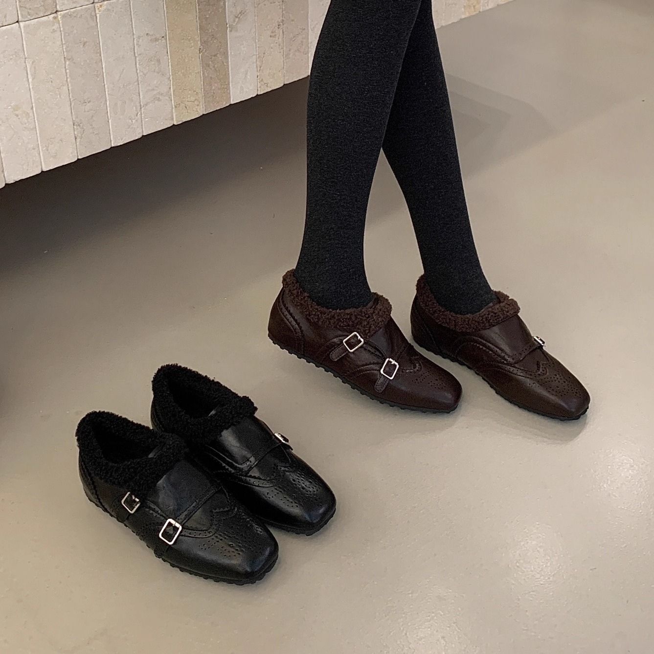 复古方头加绒保暖乐福鞋女