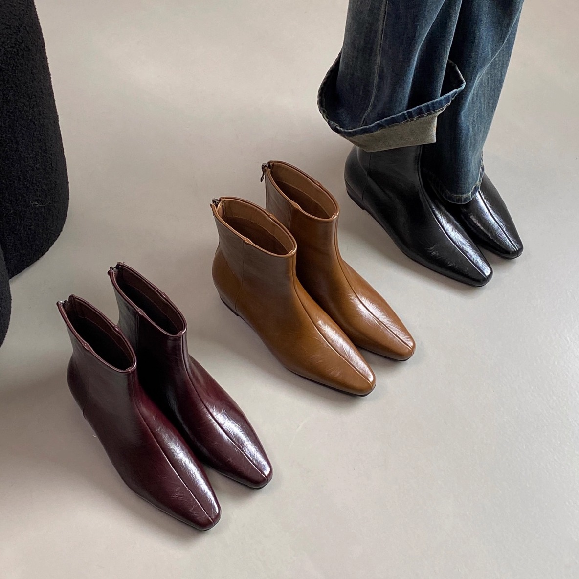 法式气质平头韩系小踝靴