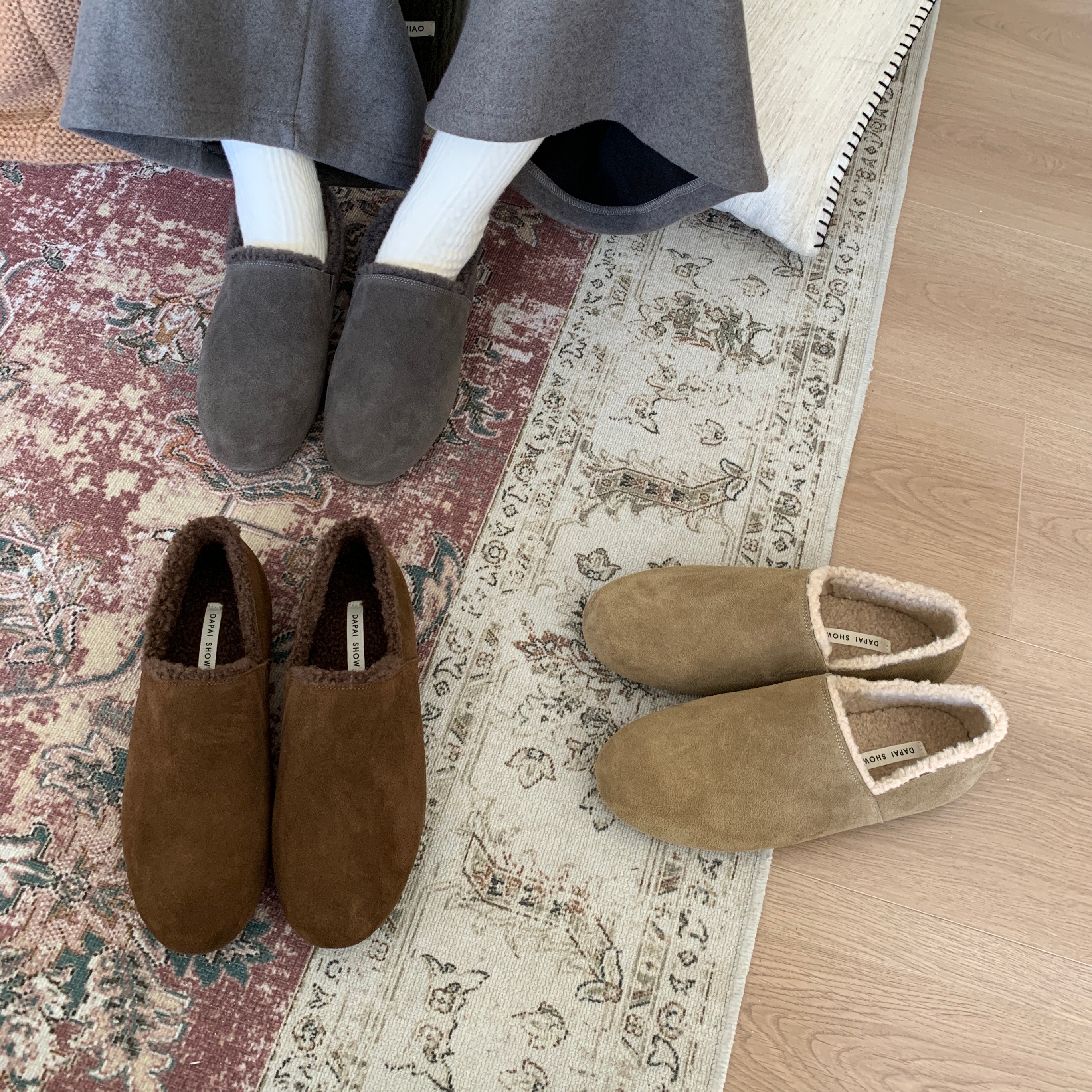 真皮软底包头加绒女秋冬毛毛鞋