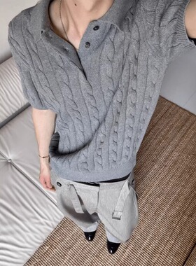 美式复古麻花polo衫针织短袖男款夏季老钱风正肩t恤cleanfit半袖