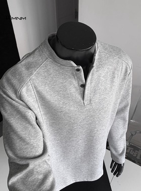 浅灰色美式亨利领长袖t恤男款秋季高级感正肩卫衣内搭打底polo衫