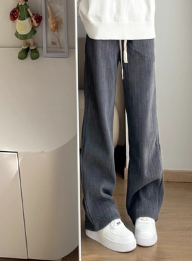 深灰色麦穗纹雪尼尔卫裤男秋冬cleanfit加绒裤子宽松直筒微喇长裤