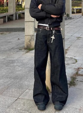原牛黑痞帅复古阔腿牛仔裤男士宽松百搭直筒裤cleanfit春秋长裤子