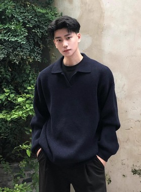 黑色POLO领毛衣男高级感针织打底衫秋冬成熟稳重男装翻领线衣外套