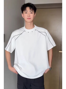 铆钉垫肩明线解构重磅短袖t恤男夏季美式潮牌boxy高级感五分半袖