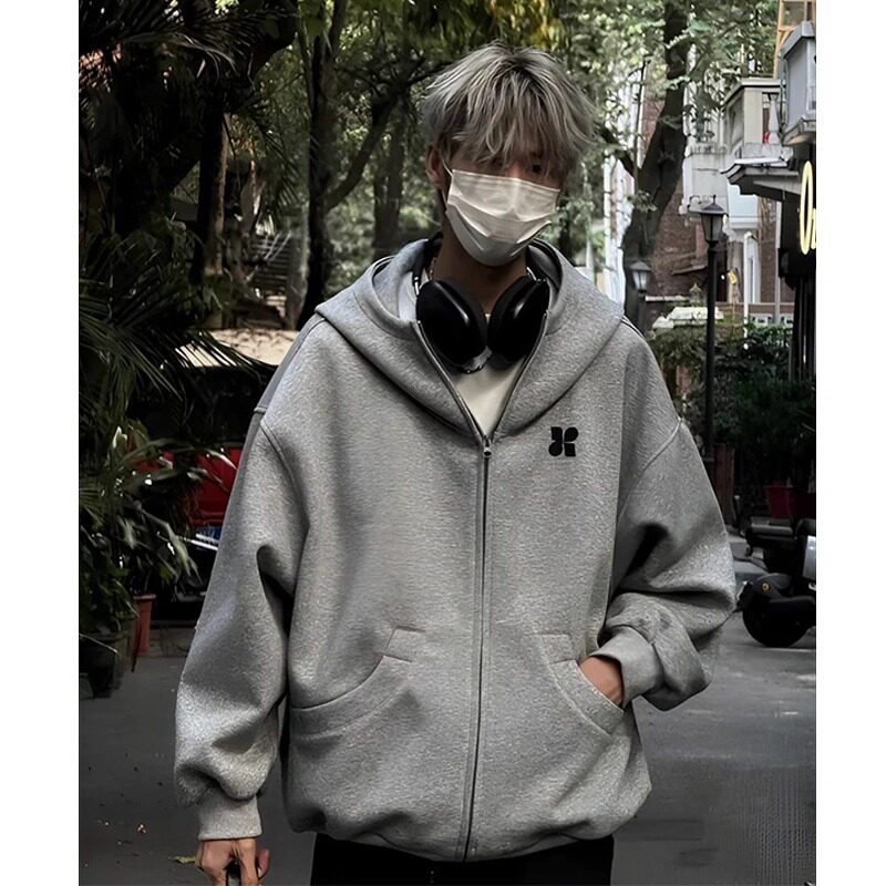 美式刺绣款几何高领开衫连帽卫衣男女秋冬季宽松百搭拉链情侣外套