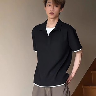 假两件亨利领短袖 t恤男夏季 宽松慵懒风polo衫 青少年正肩情侣半袖
