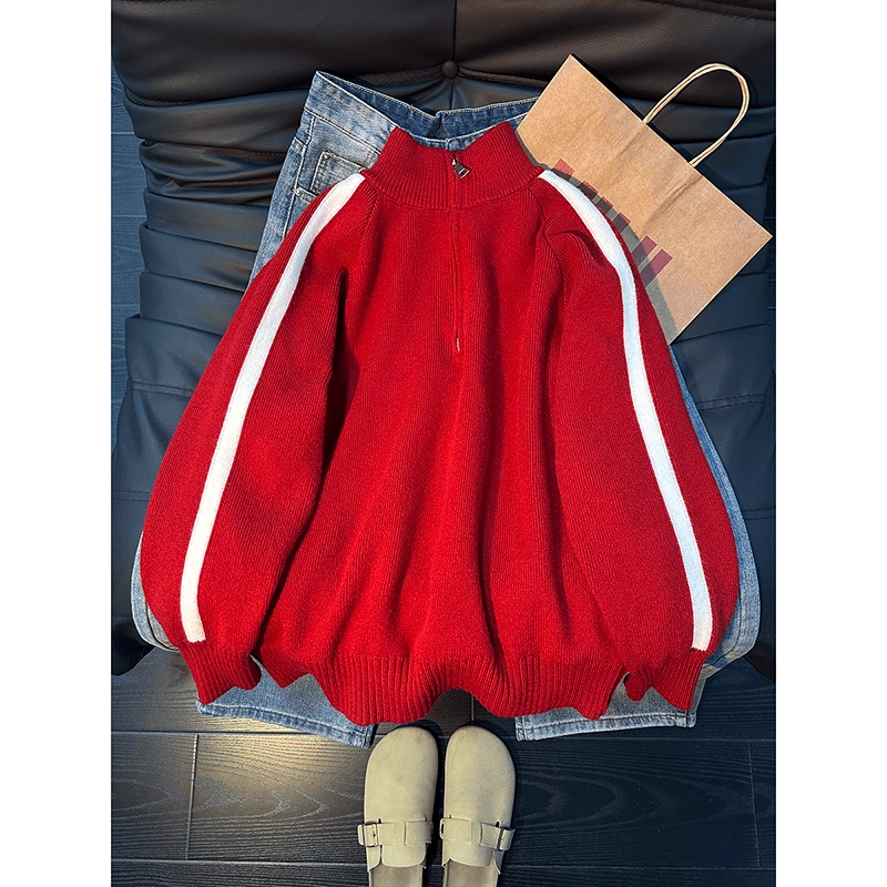 美式半拉链条纹拼接毛衣男款秋冬高级感慵懒风针织衫加厚情侣外套,男装,针织衫/毛衣,淘宝优惠券,粉丝福利购,淘宝优惠卷