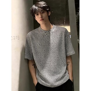 潮牌美式 cleanfit黑白斜纹短袖 夏季 高级感重磅半截袖 正肩T恤 男款