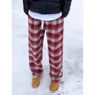 秋冬新款加绒加厚氛围红格子休闲裤长裤保暖宽松阔腿直筒百搭裤子