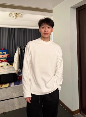 秋冬插肩袖白色拼接德绒打底衫休闲运动保暖纯色时尚百搭长袖T恤