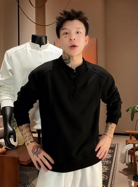 黑色解构正肩亨利领卫衣男秋冬加绒长袖T恤美式重磅修身显瘦上衣
