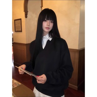 知识分子假两件条纹v领纯色卫衣短宽boxy套头时尚 百搭日系学院风